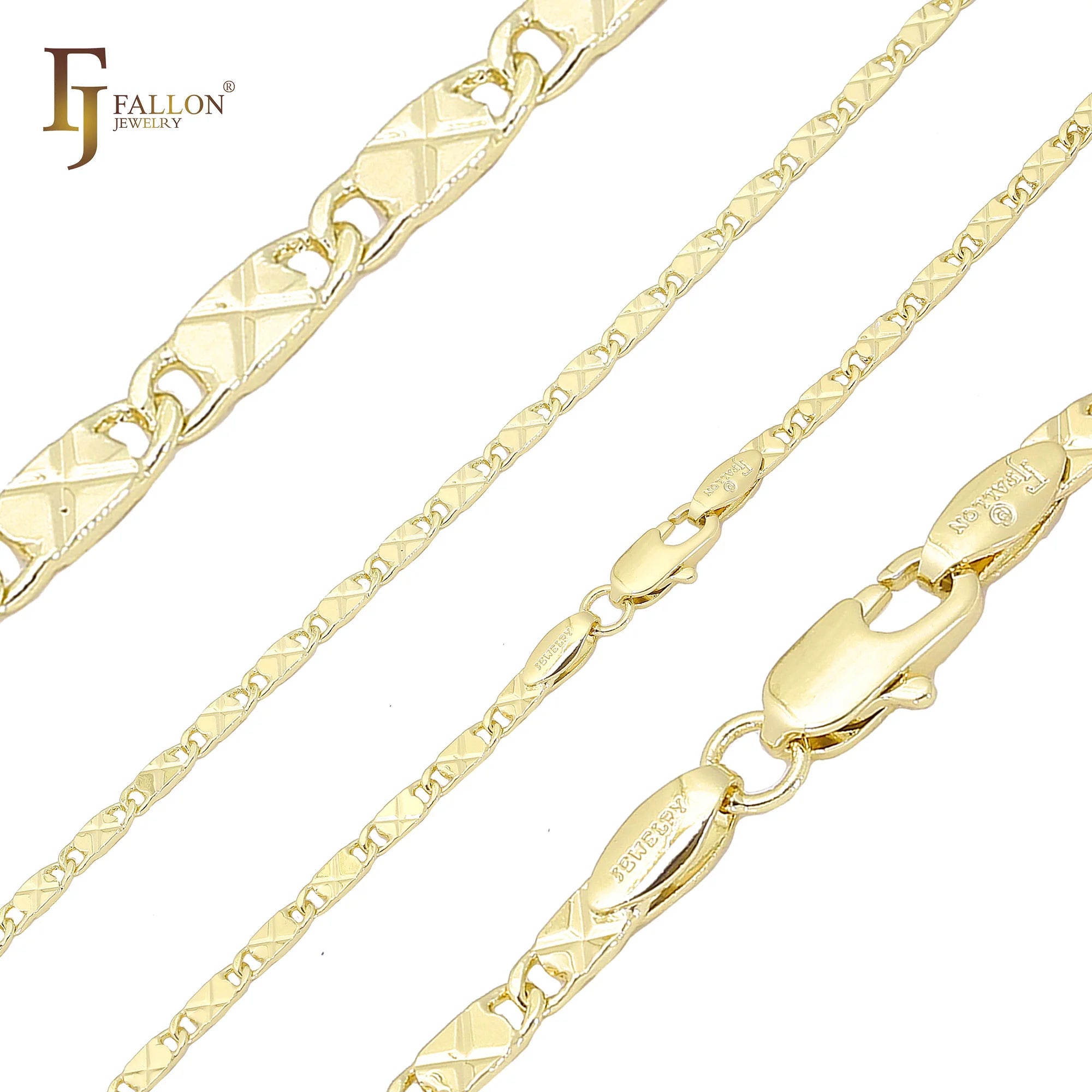 1.7mm~3.5mm FJ Fallon Fashion Jewelry Solid Snail Link Cross X Hammered Chain Plated in 14K Gold Brass Based