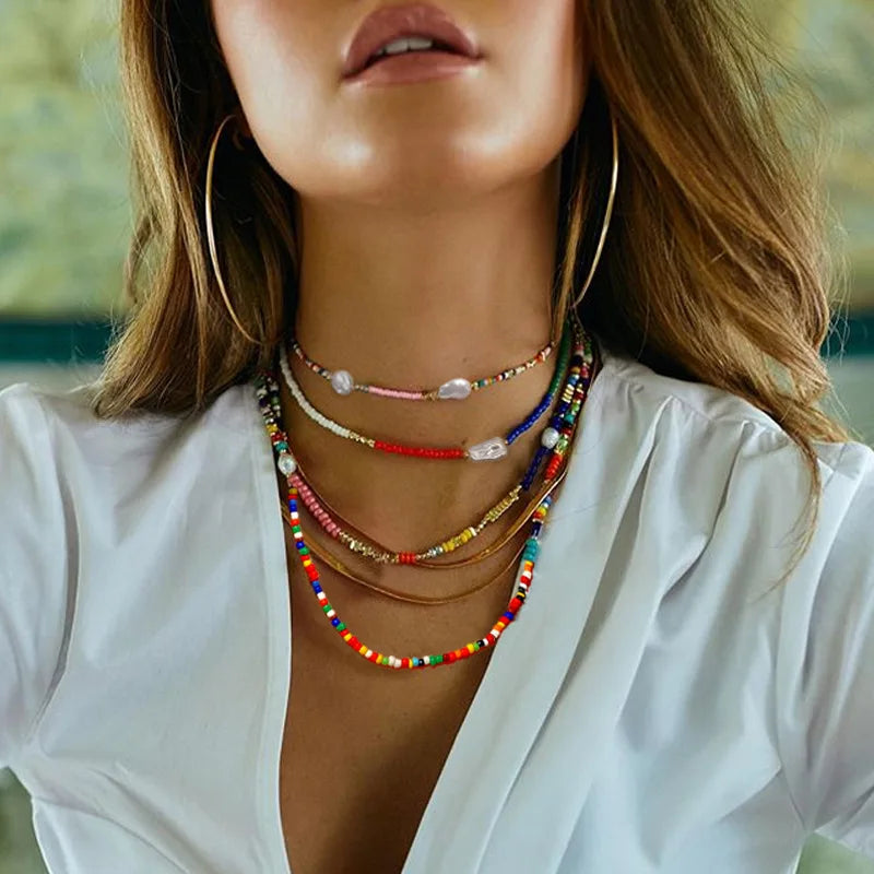 European Fashion Handmade Bohemian National Style Necklace Colorful Seed Beads Layered Necklace Jewelry Bayan Kolye