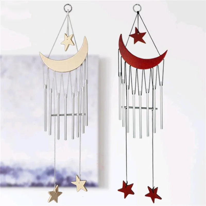 Factory Price Wooden Moon and Star Red Wind Chimes Memorial Metal Tube Windchimes Hanging Decor with S Hook for Garden