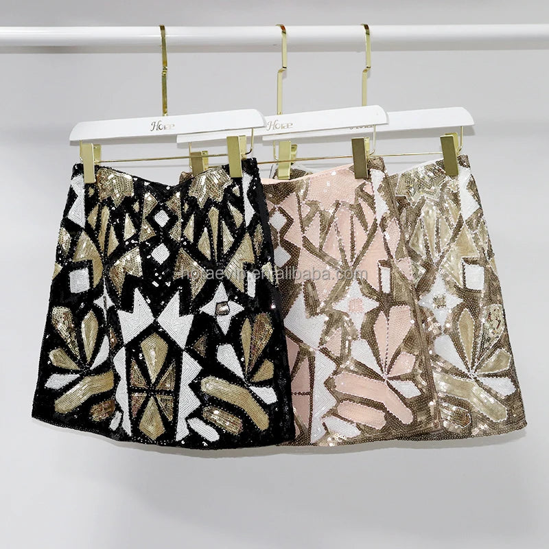 SC017 Miniskirt Geometric Pattern Sequins Wrapped Hip Skirt and Leg Length Glitter Miniskirt