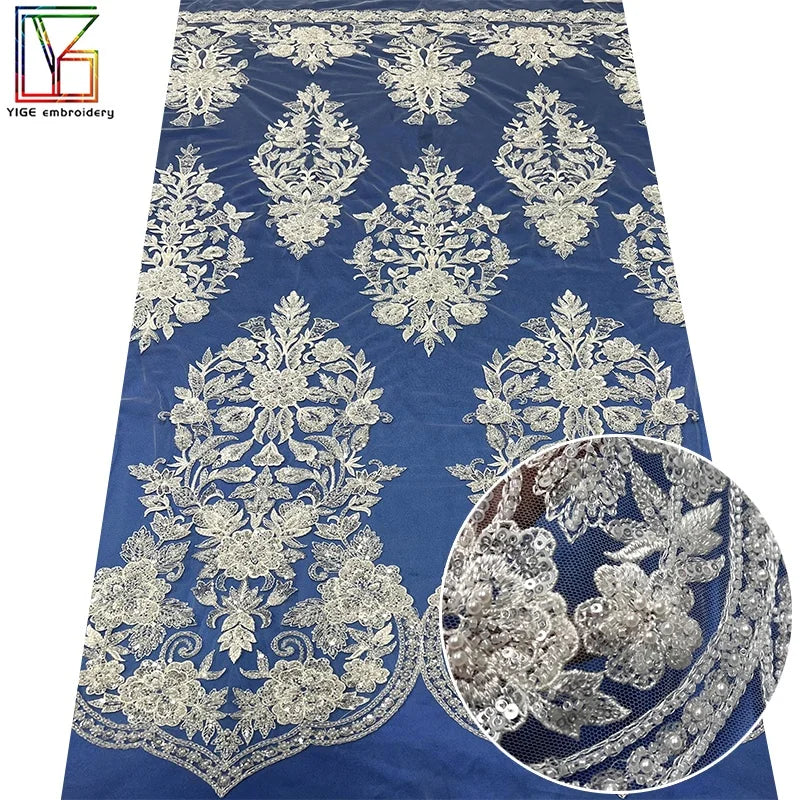 100% Polyester Mesh Sequins French Lace Fabric 2023 Luxury Bridal Beads Dresses Embroidery Tulle Wedding Laces Fabrics for Women