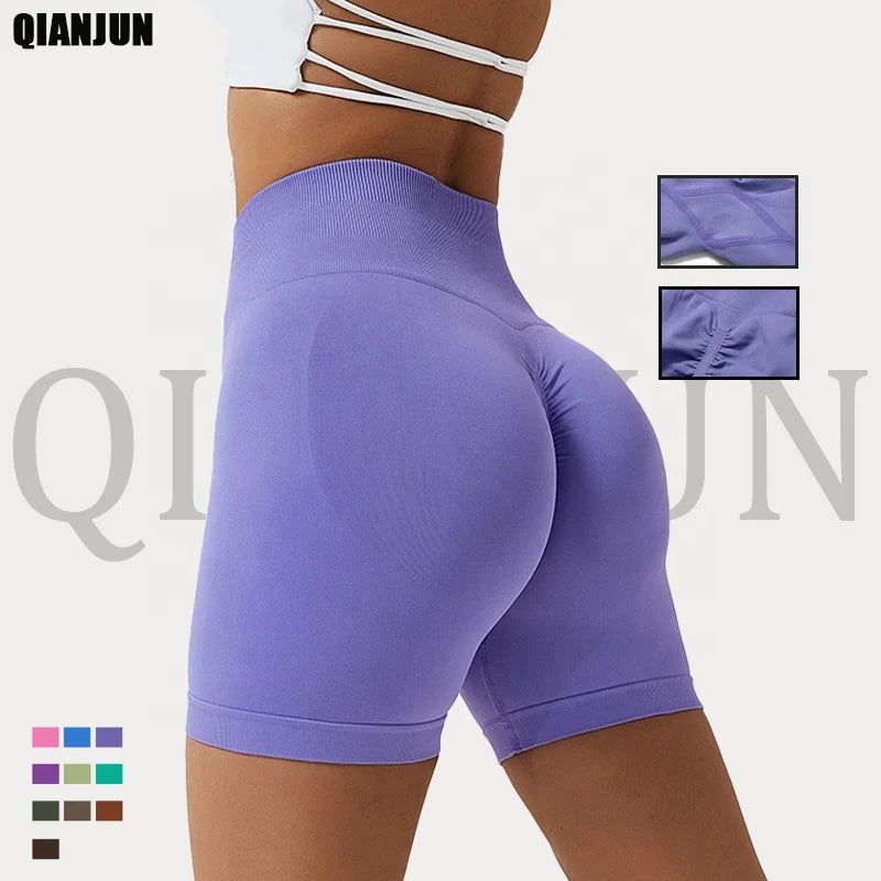 Wholesale Custom Logo Women Solid Color High Waist Gym Bike Activewear Sports Running Workout Scrunch Butt Fitness Yoga Shorts