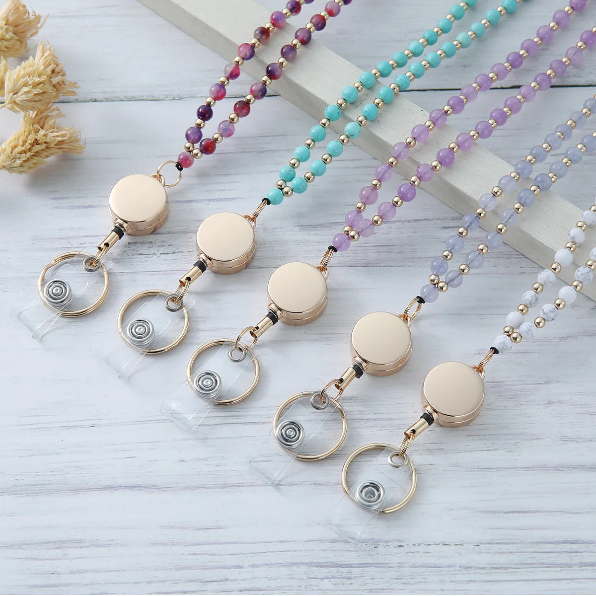 New Personalized Necklace Lanyards Id Card Holder with Lanyard Natural Stone Spacer Beaded Lanyard