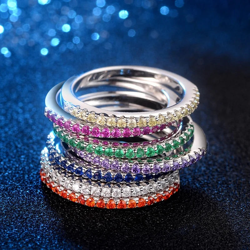 Fashion Silver Full Diamond Rings Inlaid Rhinestone Wedding Band Ring Colorful Zircon Rings for Women