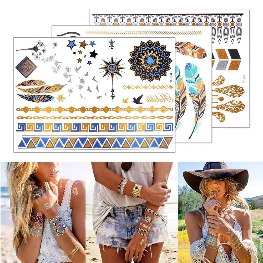 Flash Gold Metallic Temporary Tattoos for Women Girls Waterproof Gold Silver Tattoo Stickers for Beach Festivals