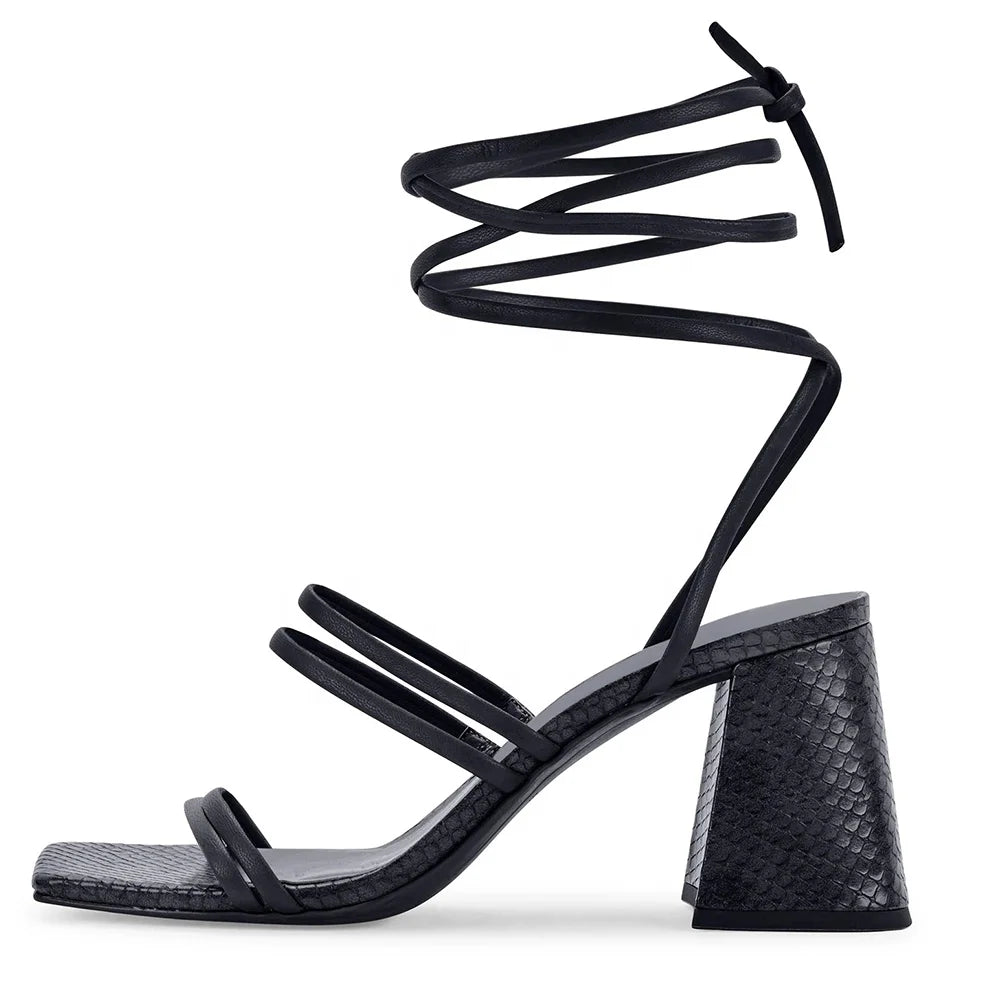 Elegant Women Sandals Black White Block Chunky Heel Square Toe Lace up High Heels Party Evening Ladies Shoes