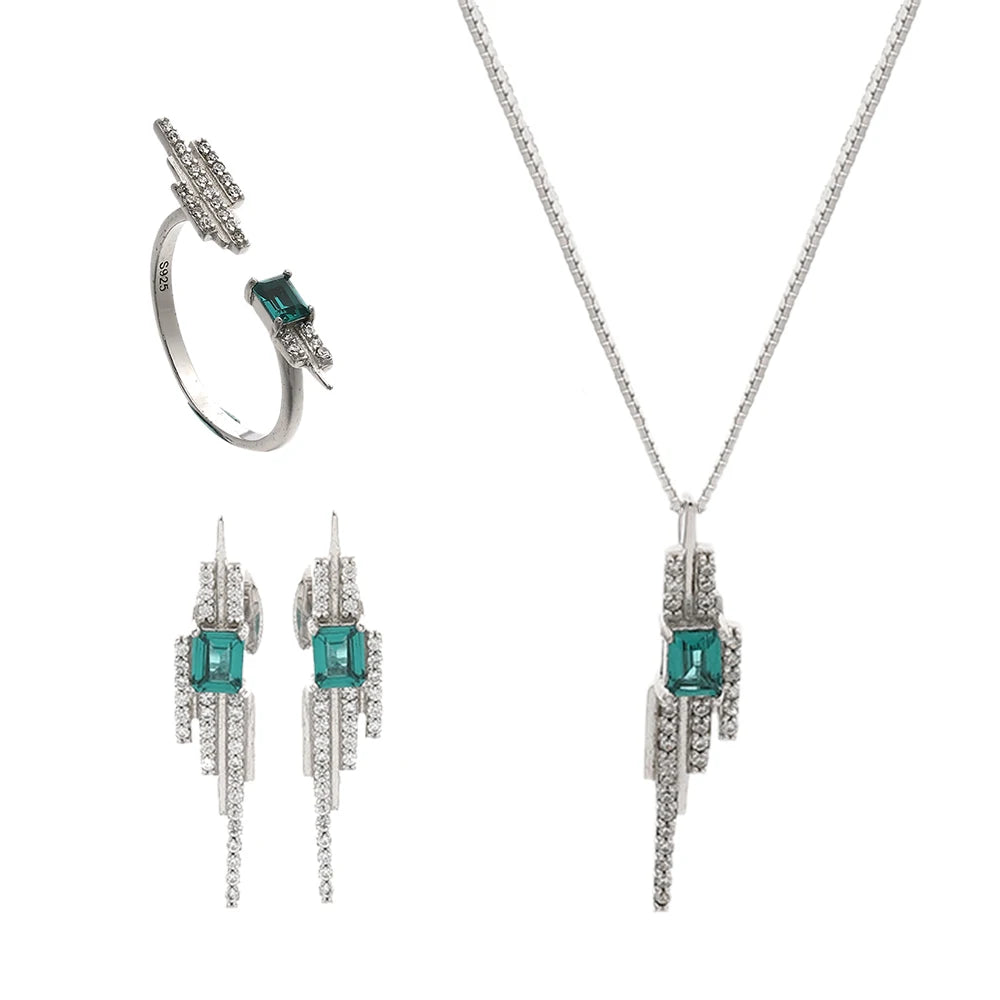 Daidan Mothers Day 3 Piece New Fashion Bar Shaped Emerald Green Zircon Necklace Gemstone Rings Earrings Jewelry Sets