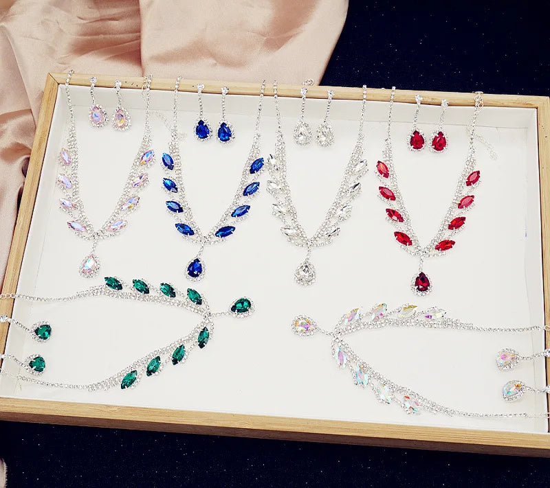 High Quality Red Pink Colorful Rhinestone Earring Necklace Bridal Jewelry Sets for Women