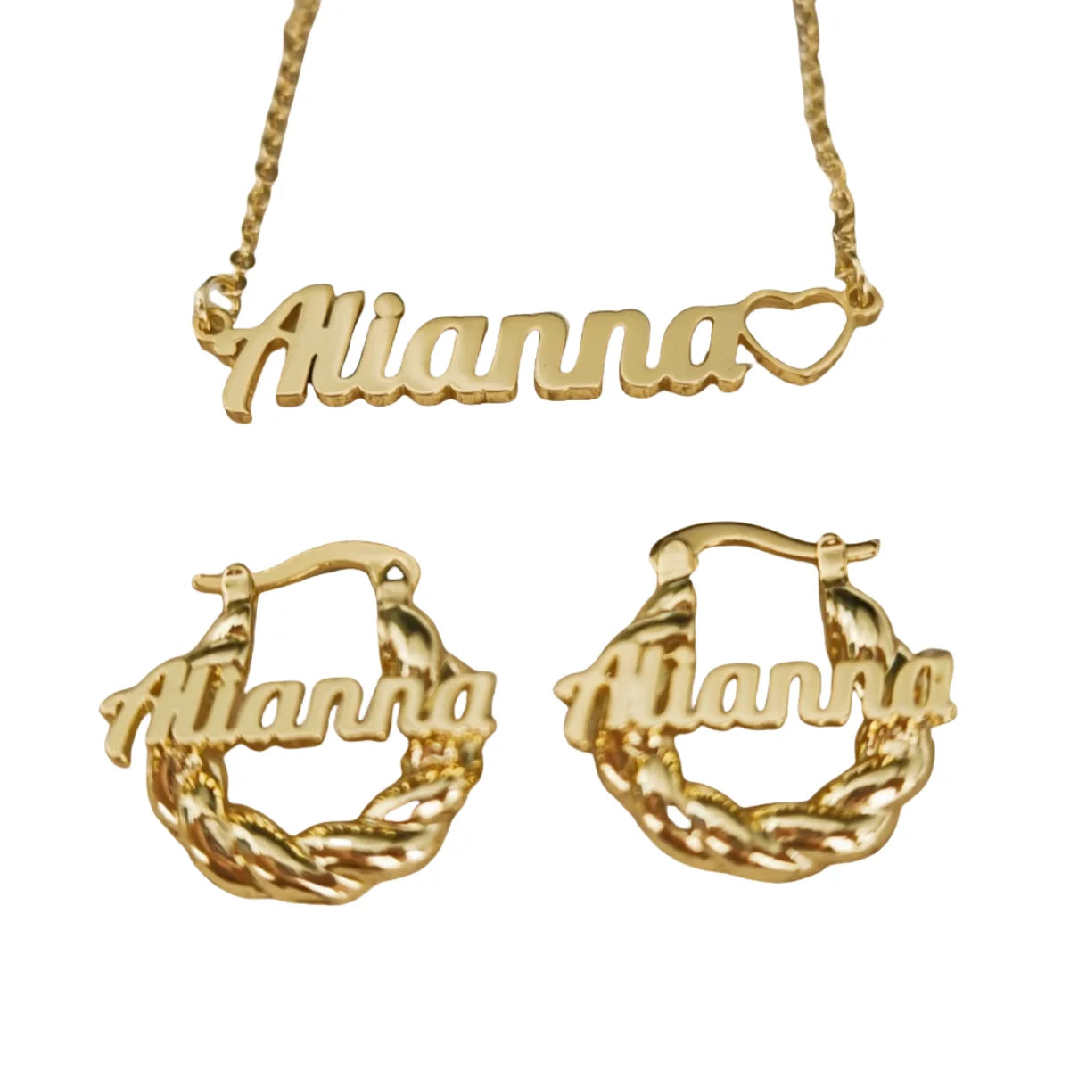 Qiuhan Personalized 18K Gold Plated Stainless Steel Custom Name Necklace Hollow Heart 18mm Mini Earrings Jewelry Set for Girls