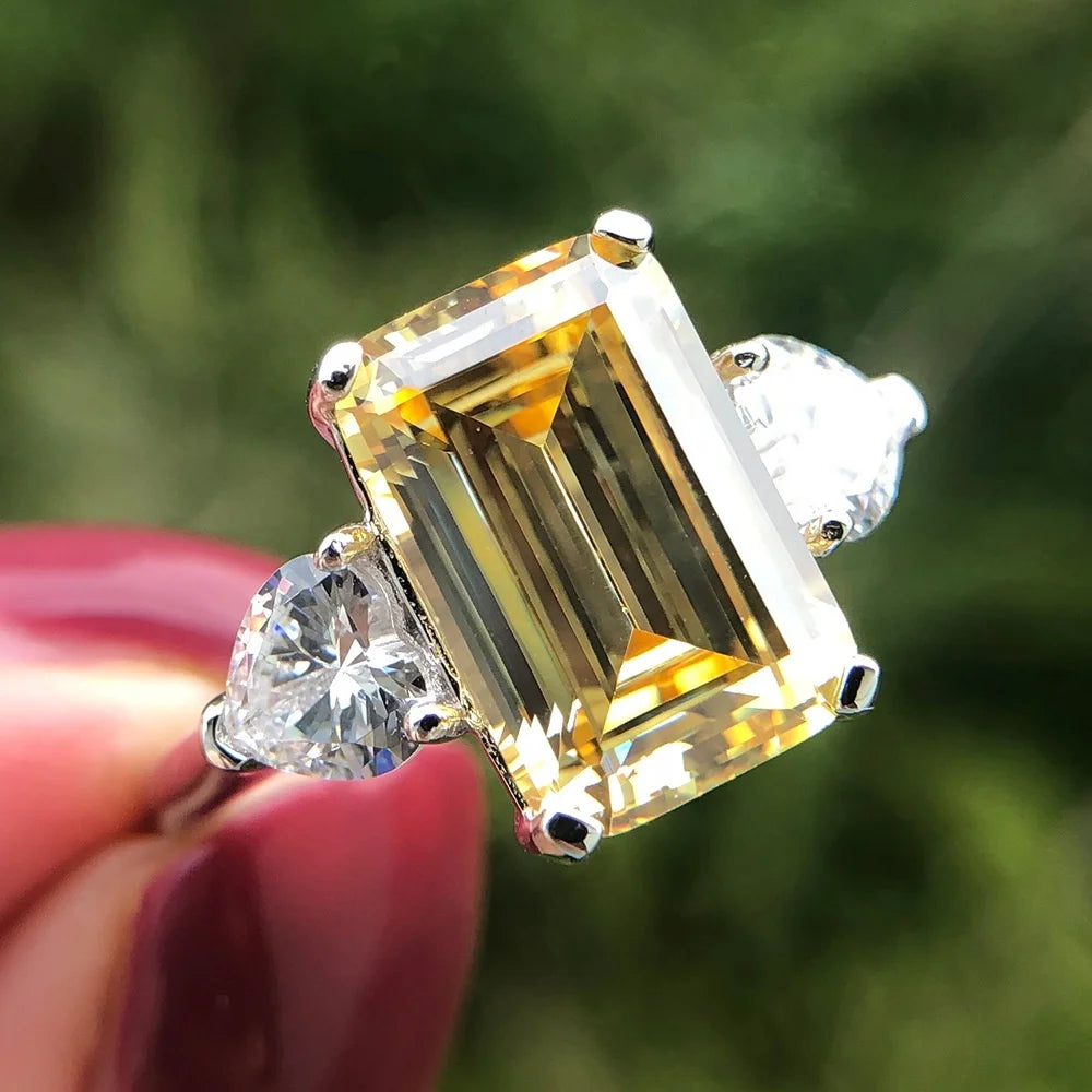 925 Sterling Silver Custom Engagement Rings for Women Lab-Created 12*8MM Emerald Cut Yellow Sapphire for Wedding and Party