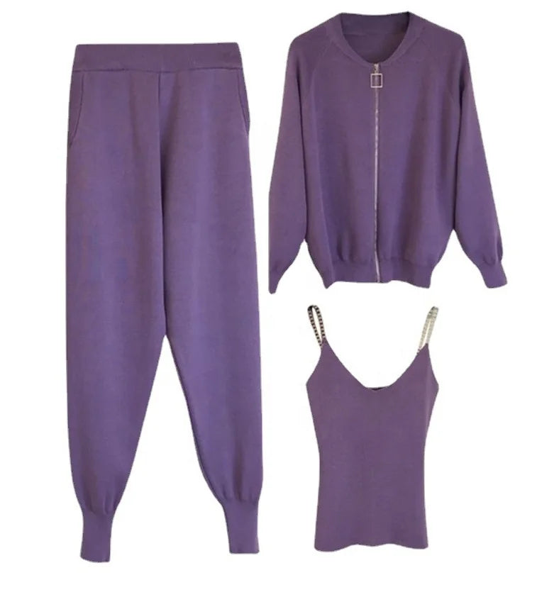 Spot Women'S New Knit Jacket Undershirt Elastic Pants Three Piece Set