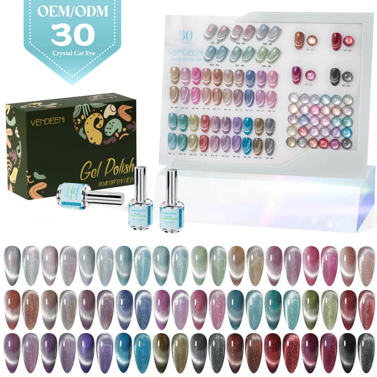 Vendeeni OEM/ODM Free Custom Private Brand Diamond Crystal Nail Gel Polish 30colors Dreamy Diamond Crystal Cat Eye Gel Polish