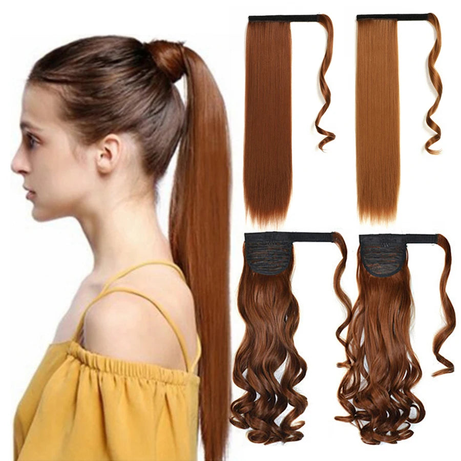 100g Ombre Mixed Color 22 Inch Hairpiece Straight Curly Synthetic Wrap Around Ponytail Extensions for Women Daily Use
