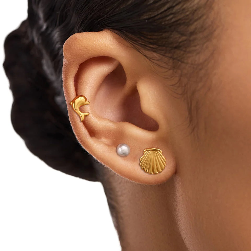 J&D Vintage 18k Gold Plated Stainless Steel Earrings Faux Shell Dolphin Pearl Nautical 3-Pair Set Fashion Jewelry