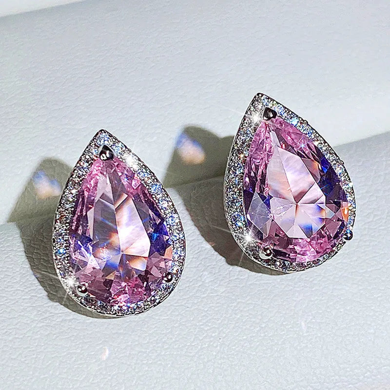 Huitan New Arrivals Silver Plated Pink CZ Cubic Zirconia Crystal Pear Shaped Stud Pierced Earrings for Women Brides