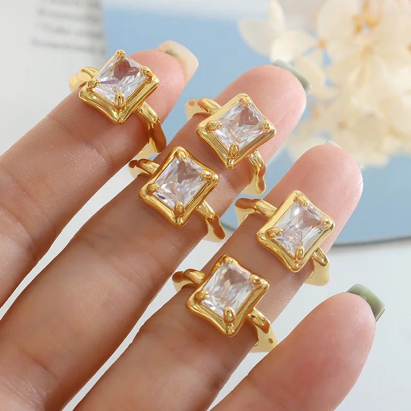French Punk Gold Square Zircon Open Ring Brass Square Diamond Finger Ring Party