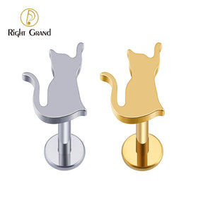 ASTM F136 Titanium 16G Tiny Sitting Cat Tragus Stud Lip Labret Cartilage Helix Conch Earring Flat Back Piercing