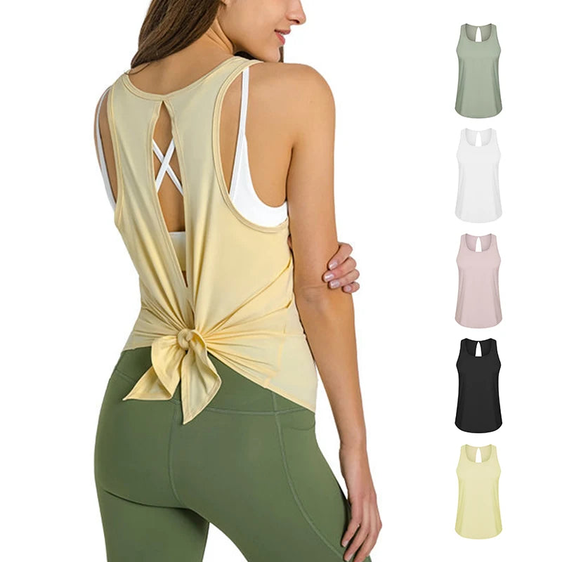 2024 New Style Women's Running Vest Solid Color Light Weight Soft Spandex Fabric with Tie Back Tank Sleeve Sporty Outfit