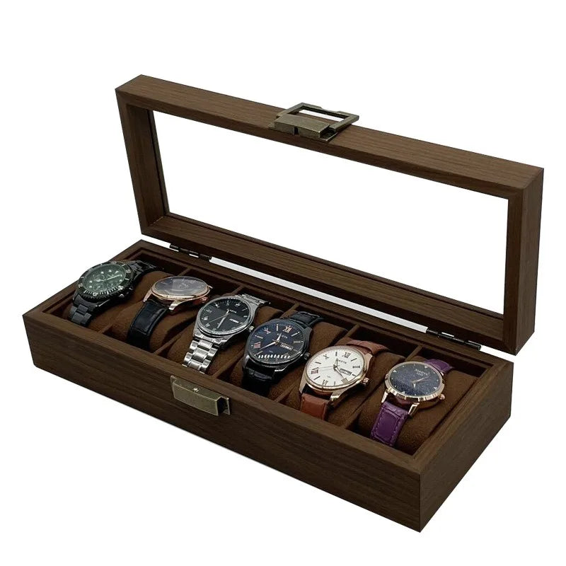 New Popular Design 6 Slot Retro Dark Walnut Veneer Wooden Watch Jewellery Organizer Box