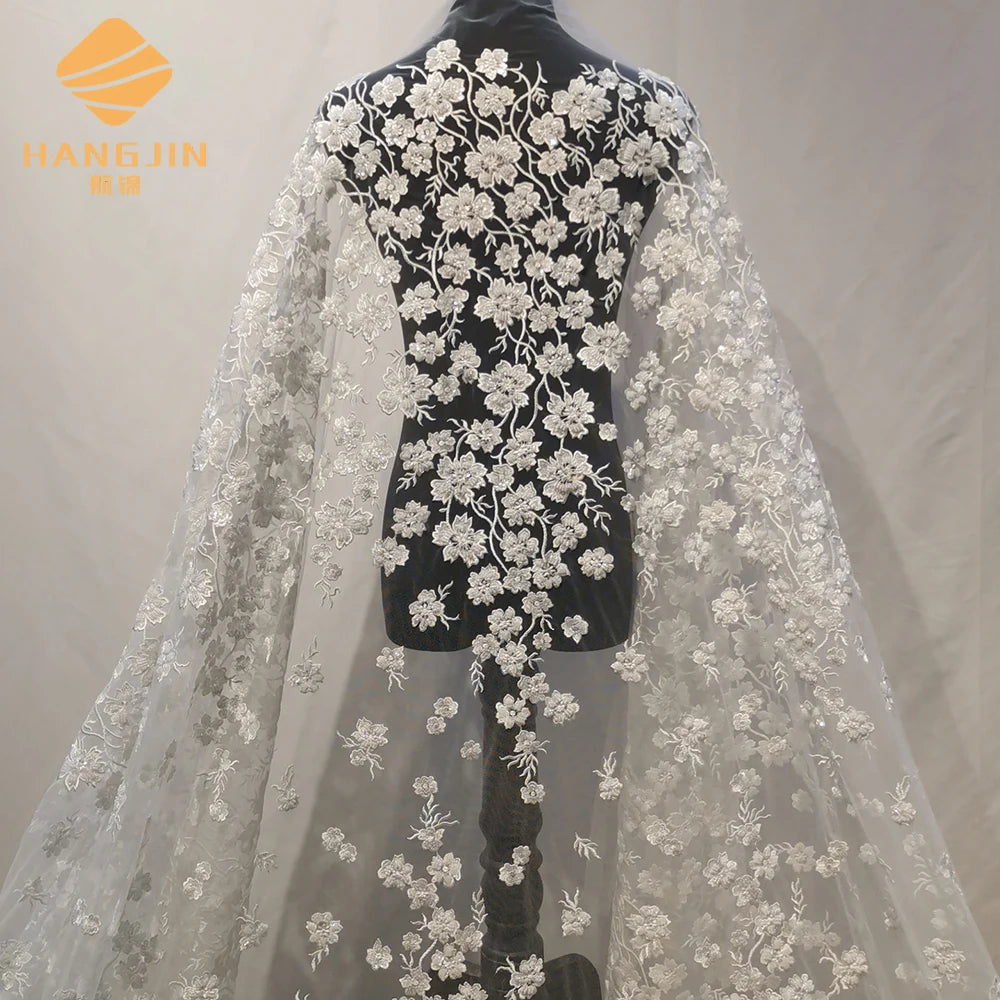 High End Embroidered Floral Beaded Lace 3D Lace Fabric for Evening Dress Wedding Bridal Tulle Fabric Embroidered Lace Fabric