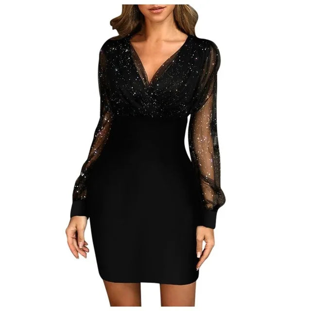 2025 Best-selling OEM European American Women Gauze V-neck Sequined Slim Sexy Casual Women Dresses