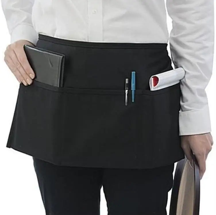 Resistant Bistro Waitress Waiter Waist Apron Men Women Cotton Chef Half Apron Black Server Aprons with 3 Pockets