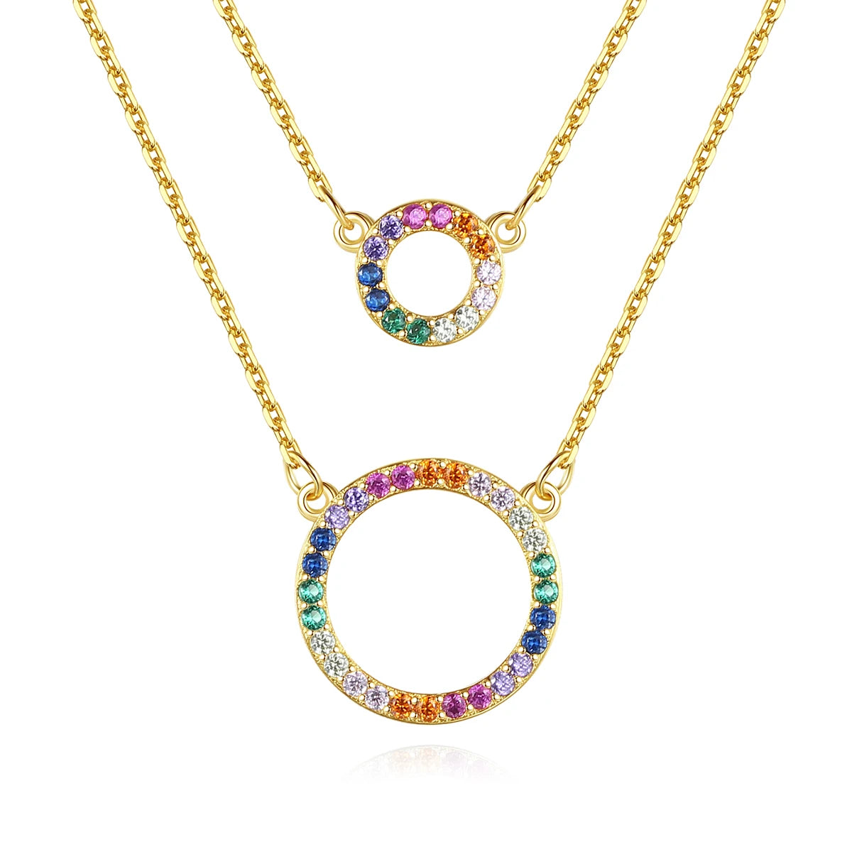 CZCITY Layered Double Circle Necklace Pendant Handmade 18K Gold Plated Sterling Silver Rainbow Necklace Silver Two Link  Chain