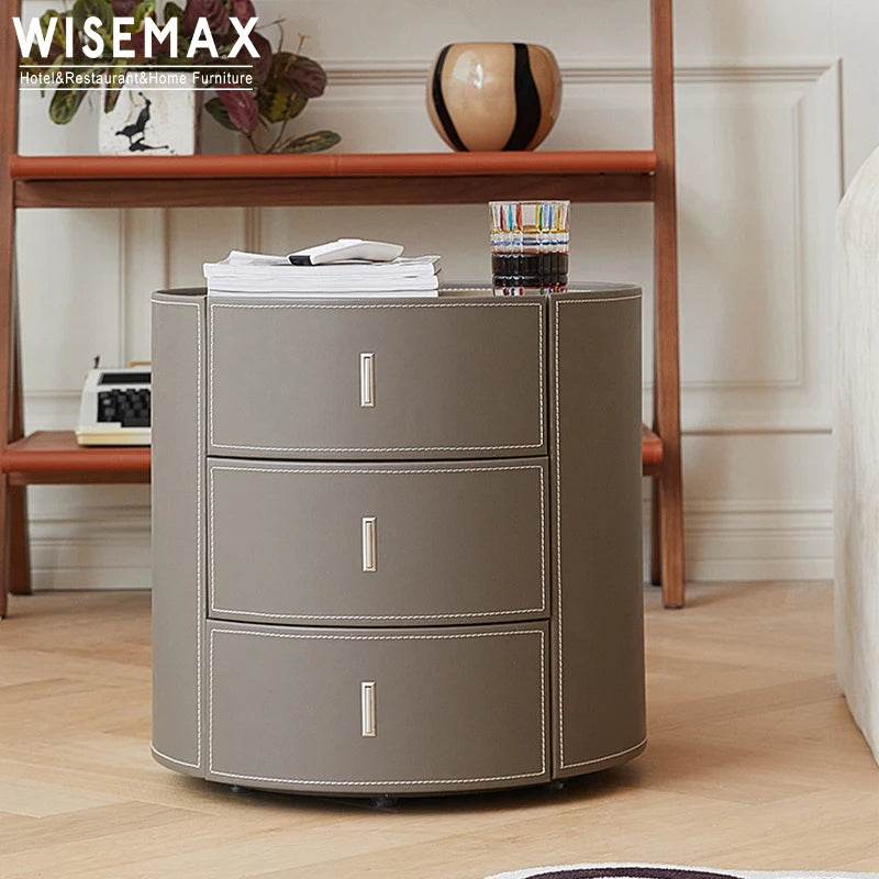 WISEMAX FURNITURE Wholesale Bedroom Furniture Night Stand with 3 Storage Drawer Saddle Leather Bedside Table Round Corner Table
