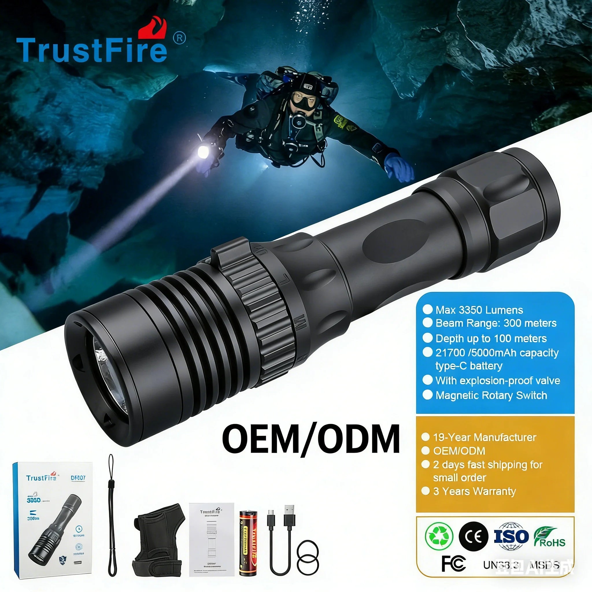 TrustFire DF007 Hand-free EDC Diving Flashlight 3350LM LED IP68 Waterproof 21700 Rechargeable Underwater Dive Light