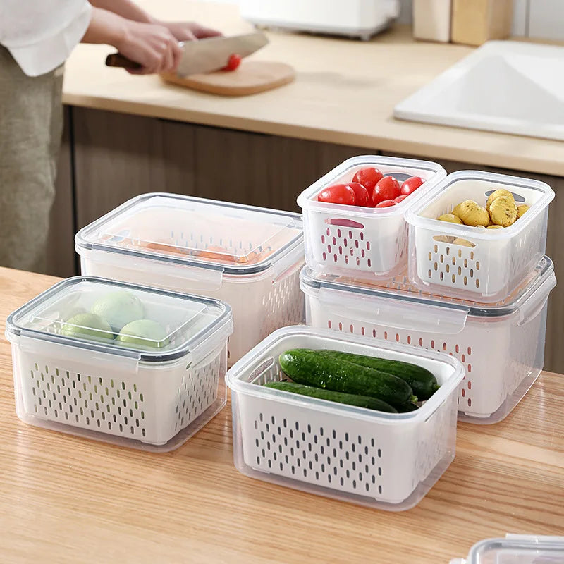 PP Plastic Storage Box Lid for Kitchen Freezer Refrigerator Drainage Crisper for Organizing Preserving Fruit Vegetables Food