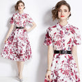 Plus Size Eco-Friendly Loose Cocktail Dress with Printed Flip Collar Zippers Short Sleeve Long Dress 2024 New