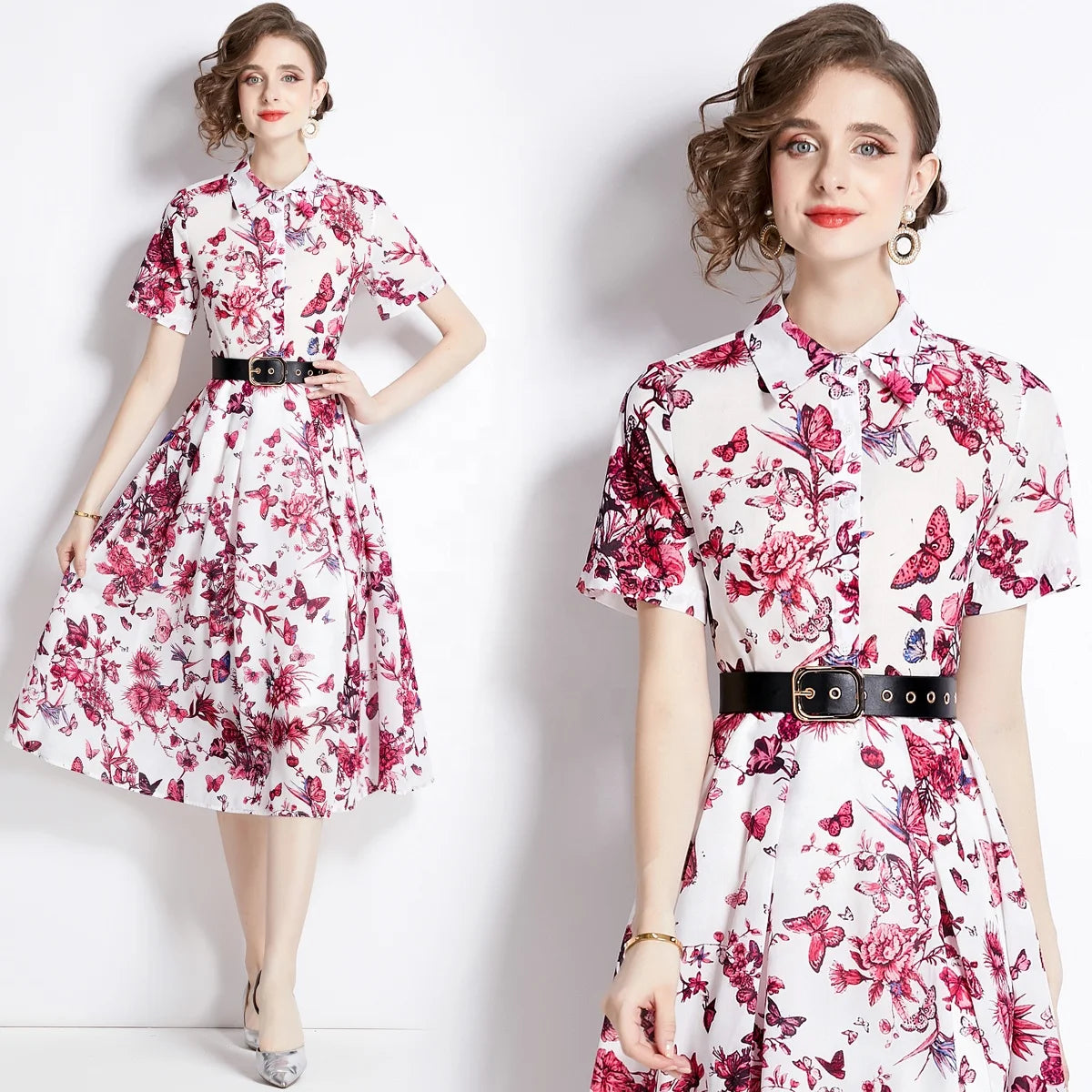 Plus Size Eco-Friendly Loose Cocktail Dress with Printed Flip Collar Zippers Short Sleeve Long Dress 2024 New