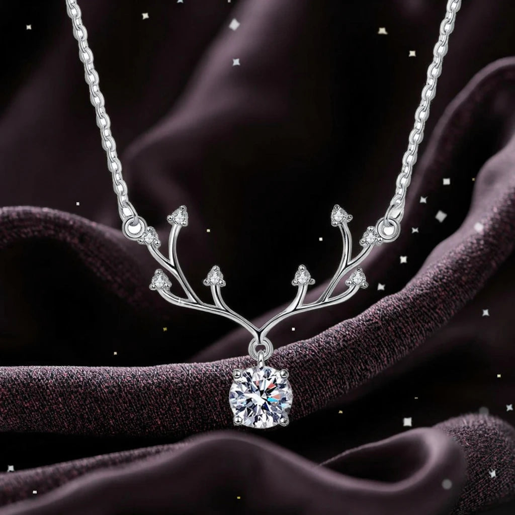 Sweet Senior Sense Moissanite Antler Pendant S925 Sterling Silver Necklace Tanabata for Women Christmas Gift