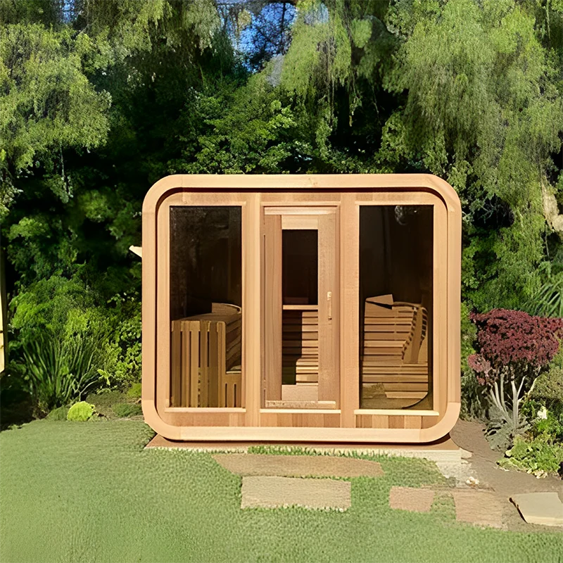 Cube Electric 6KW Solid Wood Outdoor Sauna for 4 Modern Design Wet Steam Canadian Red Cedar for Villas