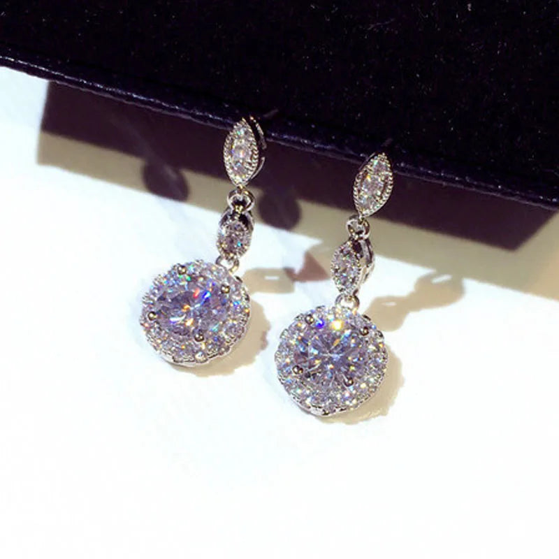 HOVANCI Luxury Korean Clear Bling Rhinestone Round Drop Earrings S925 Sterling Silver Pin Crystal Diamond Earring for Women Gift