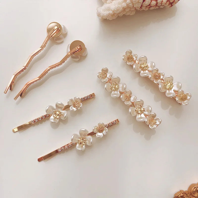 MIO Wholesale Handmade Pearl Side Hair Clip Simple Flower Alloy Hairpin Rhinestone Duckbill Clip Women Hair Barrette Accessories