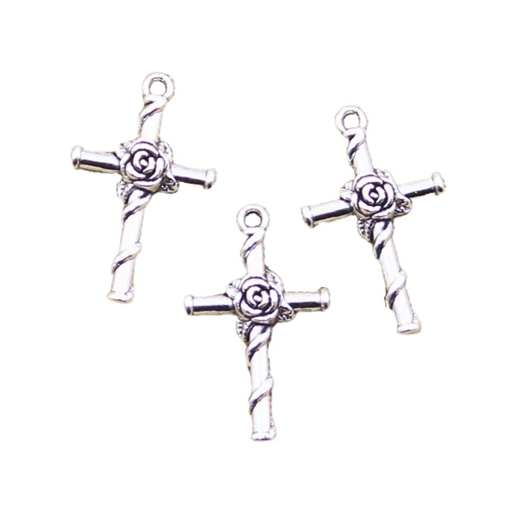 Jewelry Charms Accessories Antique Silver Color Alloy Cross Rose Flower Charms Pendant 26x15MM