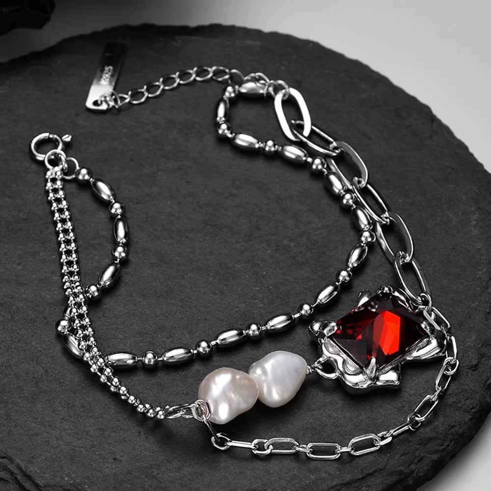 925 Sterling Silver Texture Three Layered Cross Chain Bracelet for Women 925 Silver Baroque Pearl Chain Heavy Style Bracelet