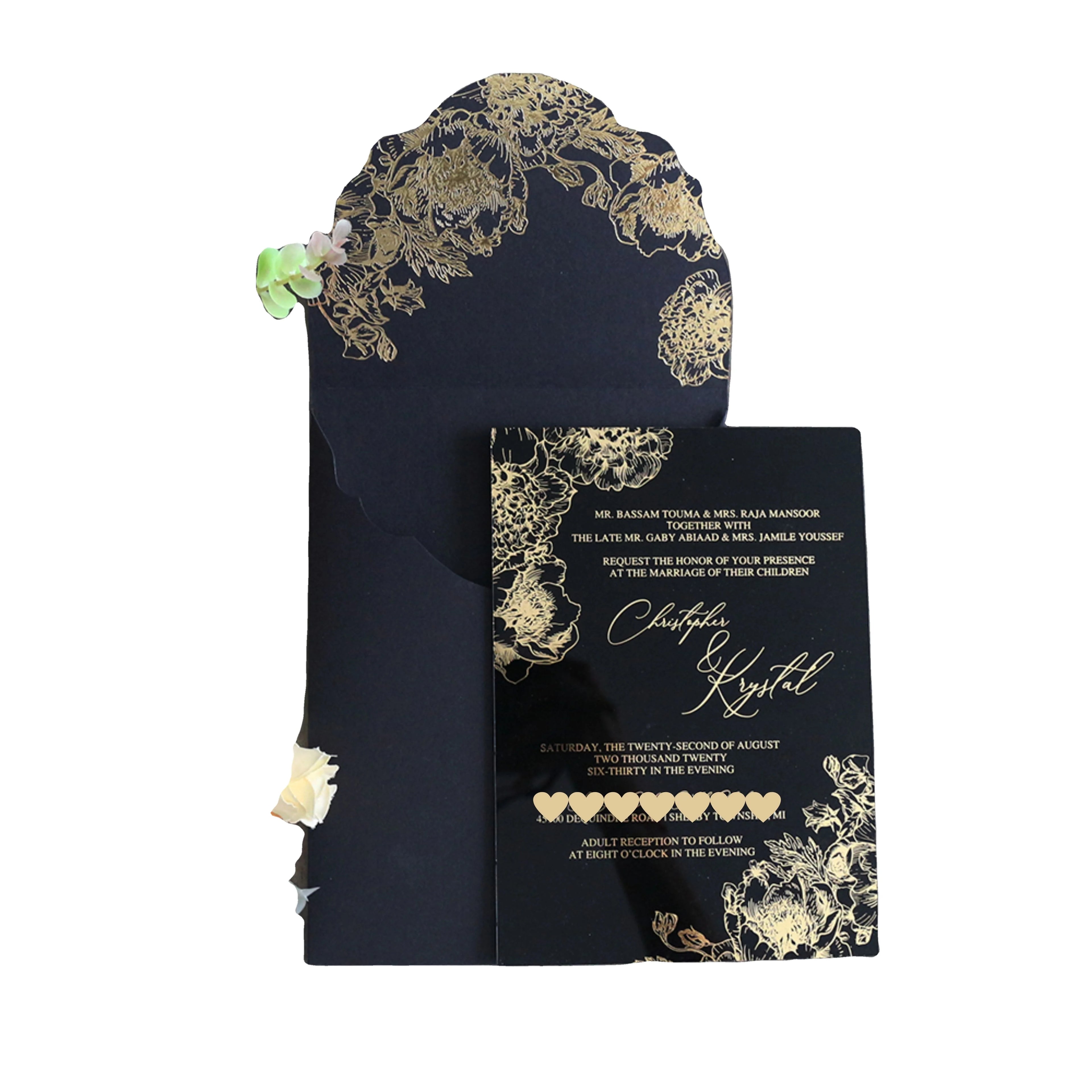 Classic Black Bronzed Acrylic Wedding Invitation with One Color Foil Printing Velvet Wedding Invitations Envelope Outside