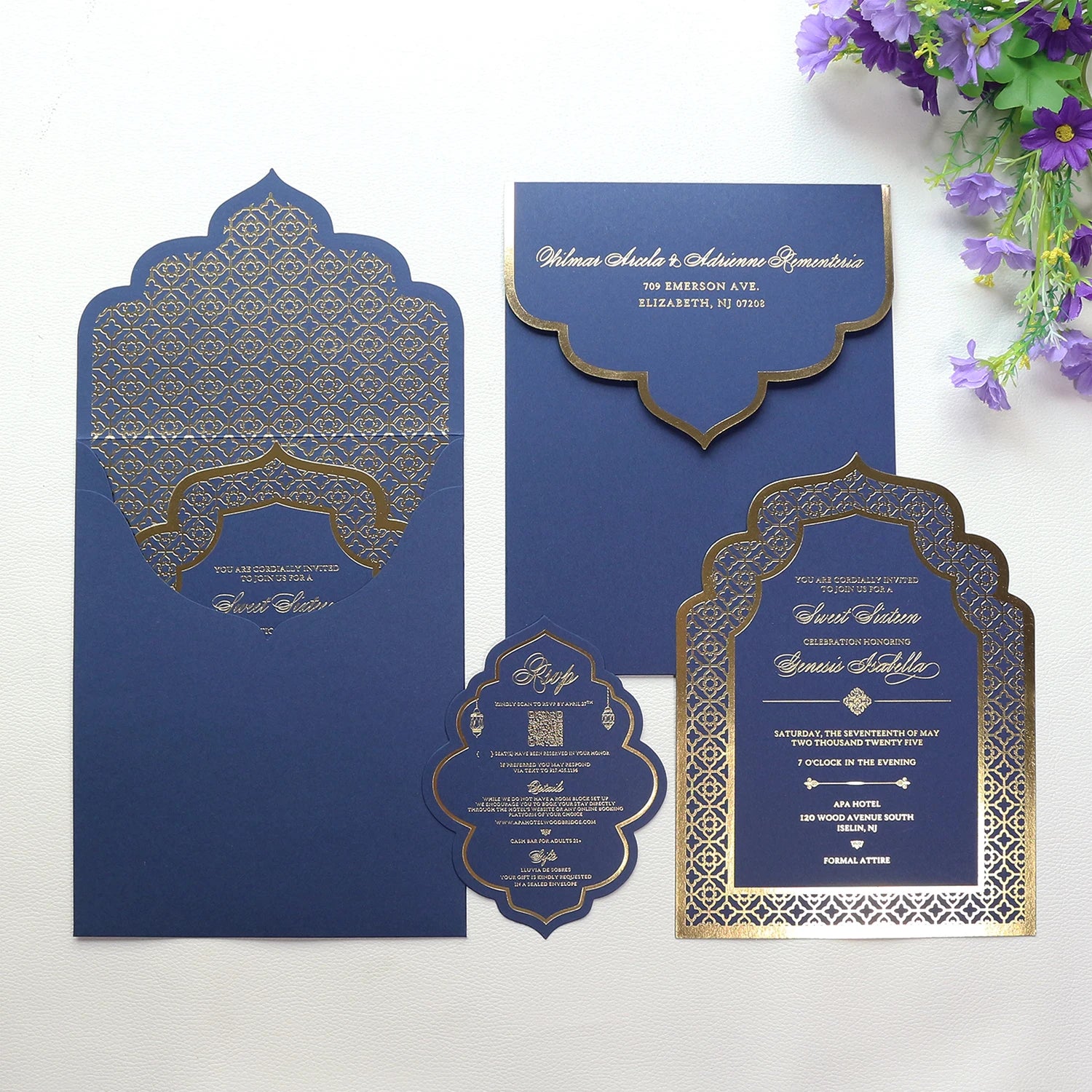 Navy Blue Muslim Wedding Invitations Religious Party Ceremony Invitation Card With RSVP and Envelope