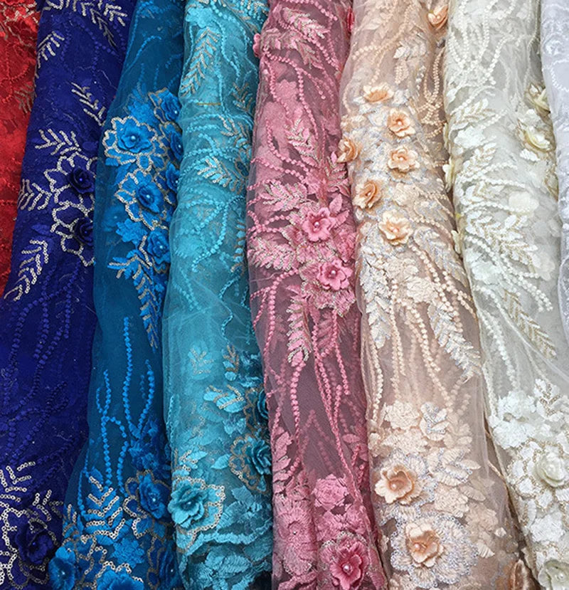 Wholesale 3D Beaded Flower African Embroidery Lace French Dress Net Lace Fabric