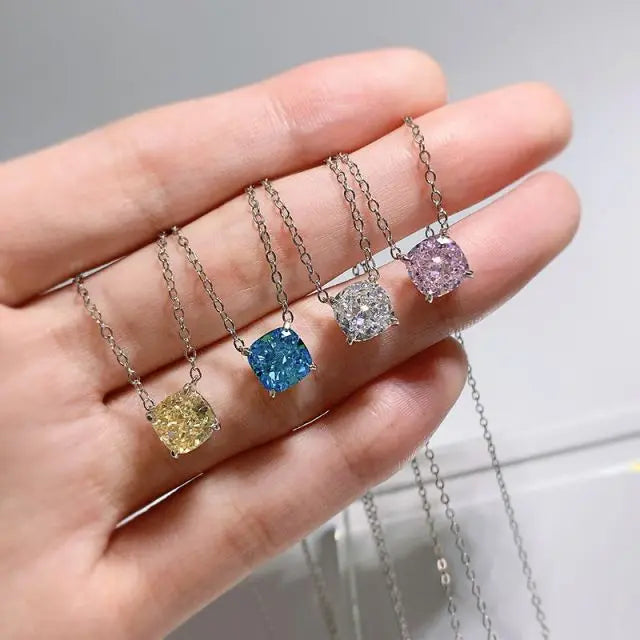 925 Sterling Silver Cubic Zirconia Cushion Cut Fancy Yellow Diamond Pendant Necklace