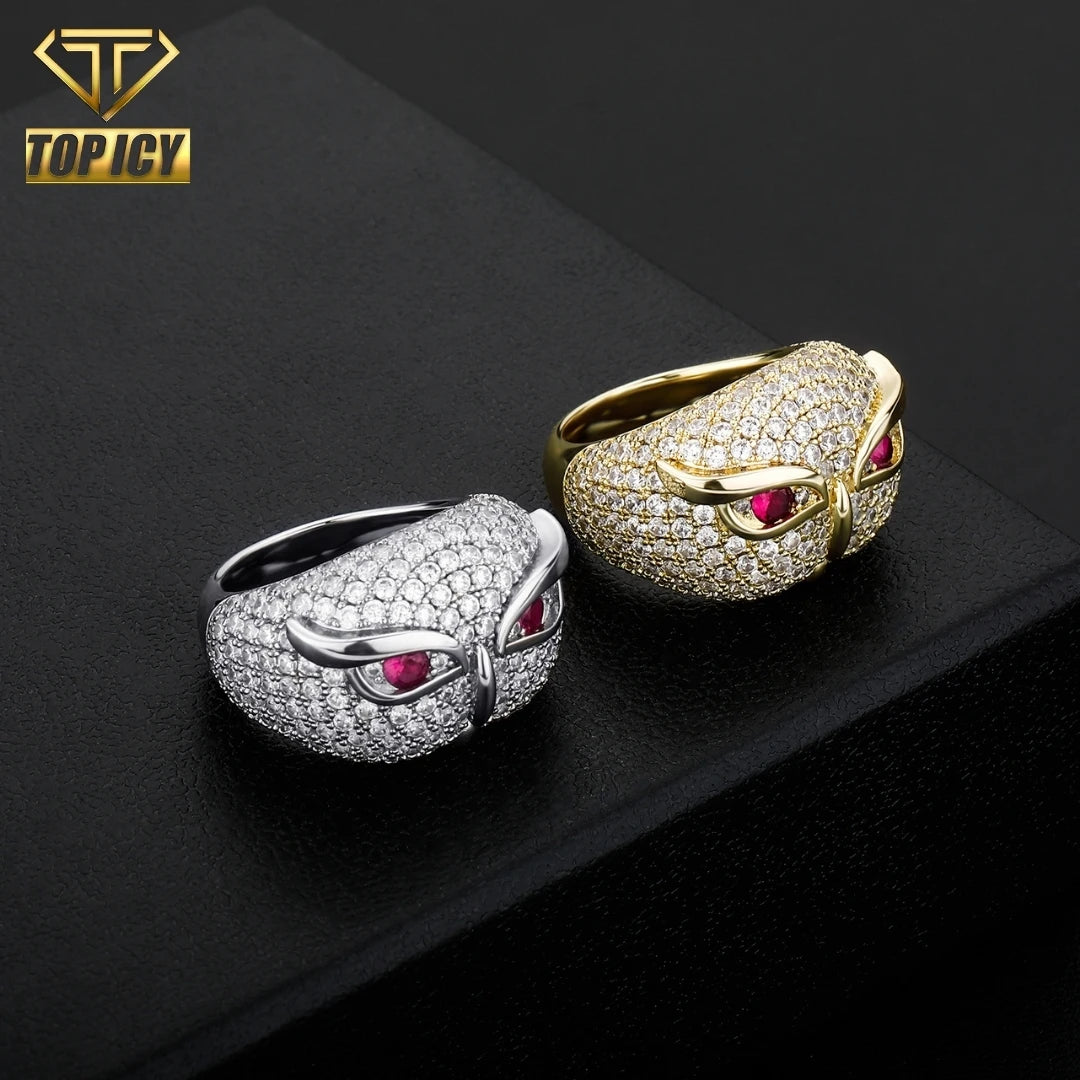 Iced Out CZ Red Gem Eye Hip Hop Fine Jewelry for Men Women 18K Gold Plated Brass and Zirconia Owl Ring