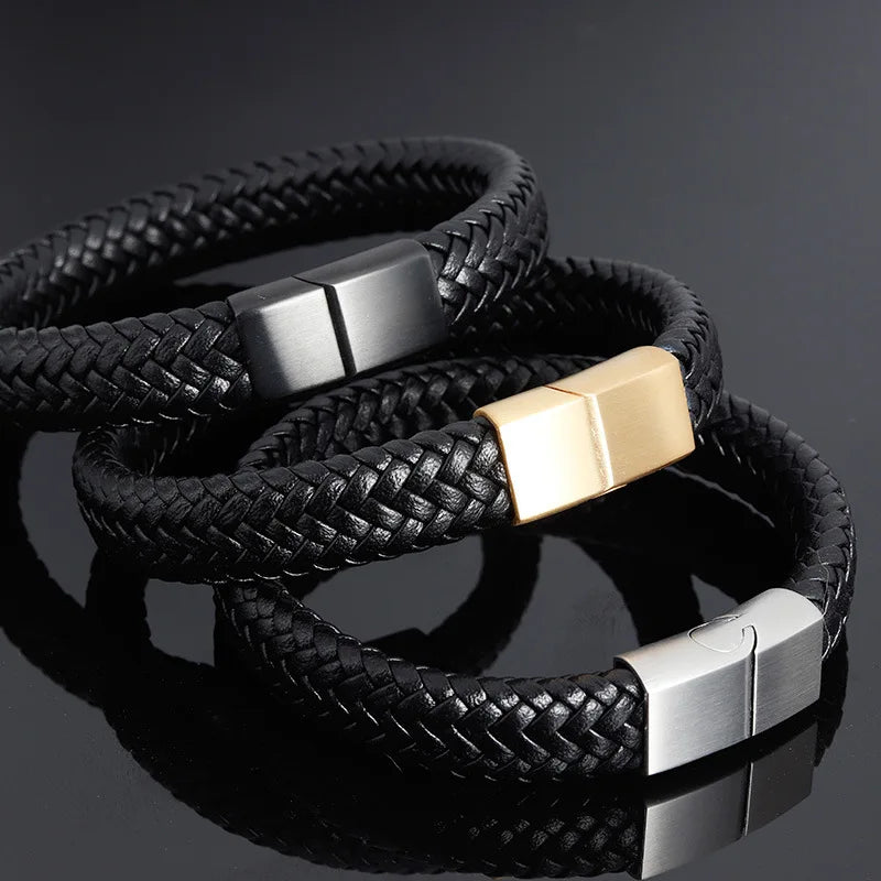 Luxury Men's Woven Braided Wrap Bracelets PU Leather with Stainless Steel Magnetic Buckle Available in Silver Gold Black Colors