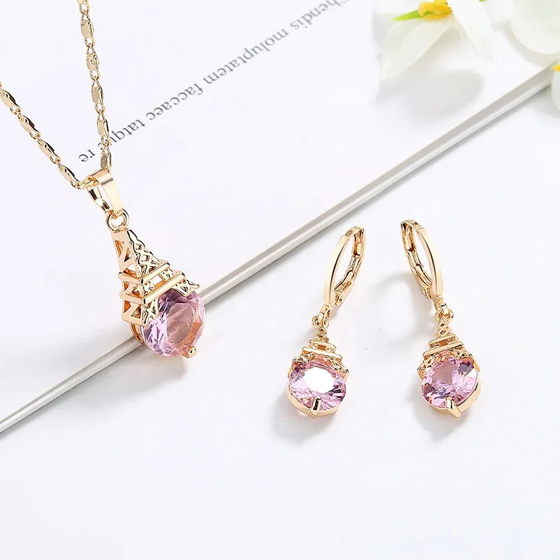 Hengdian Factory Supply Fashion Accessory pink Green White Cubic Zirconia  Eiffel Tower Earrings and Necklaces Sets for Women