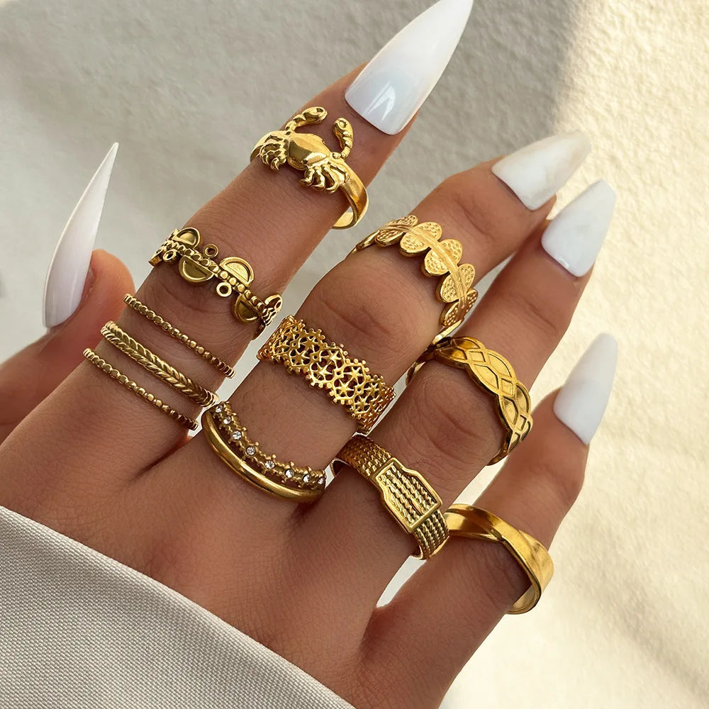 Wholesale 18k Gold Plated Stainless Steel Open Ring Adjustable Zircon Ring Leaf Rings for Women