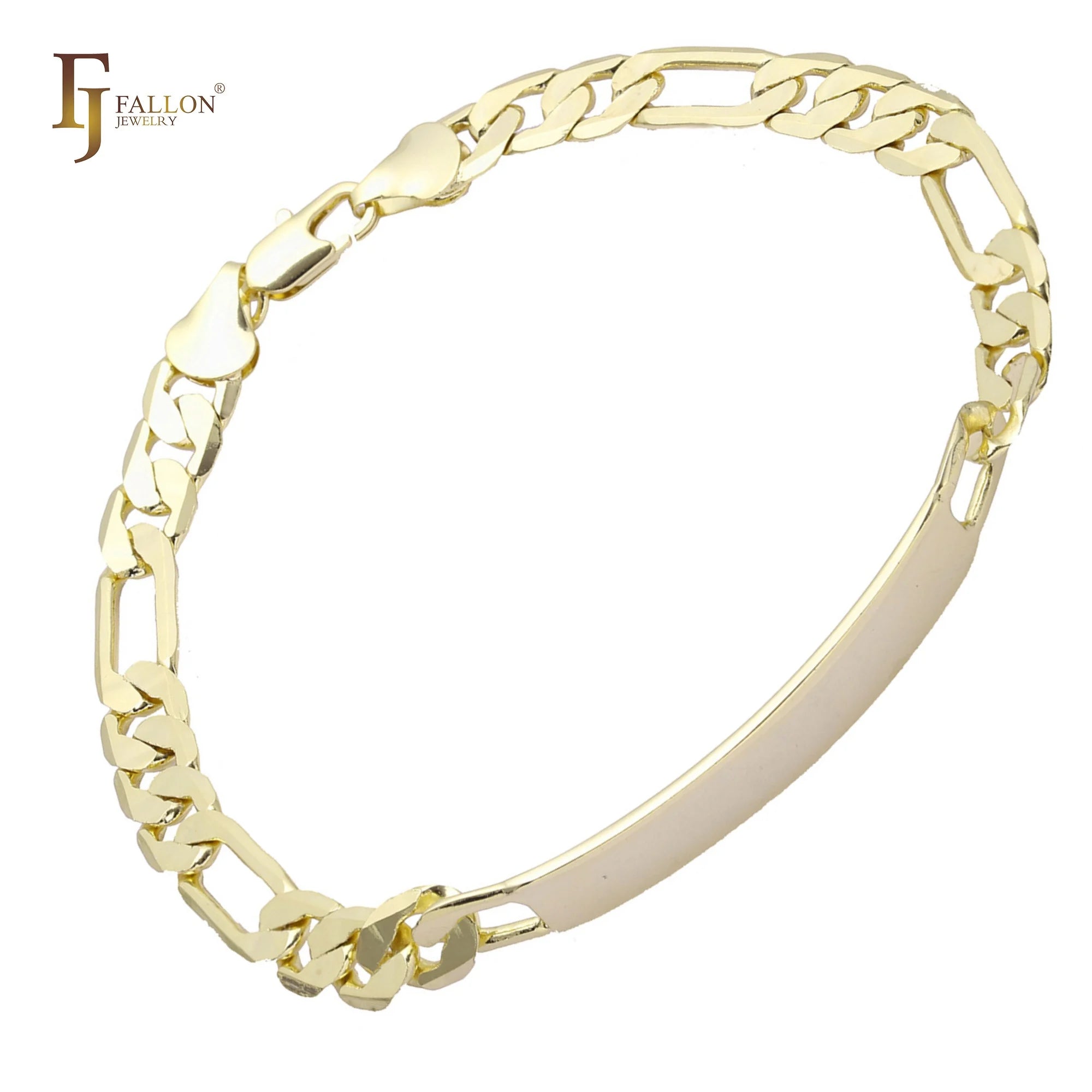 FJ Fallon Fashion Jewelry Men's ID Figaro Link Bracelets 14K Gold Plated Brass Based