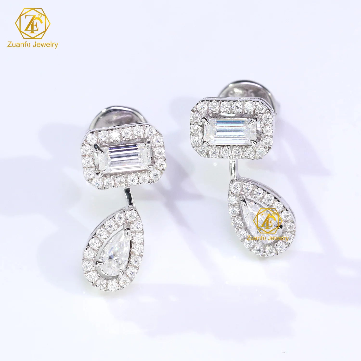 2026 Popular Style Moissanite Halo Earrings Pear&Emerald Cut 925 Sterling Silver Moissanite Drop Stud Earrings Wedding Gifts