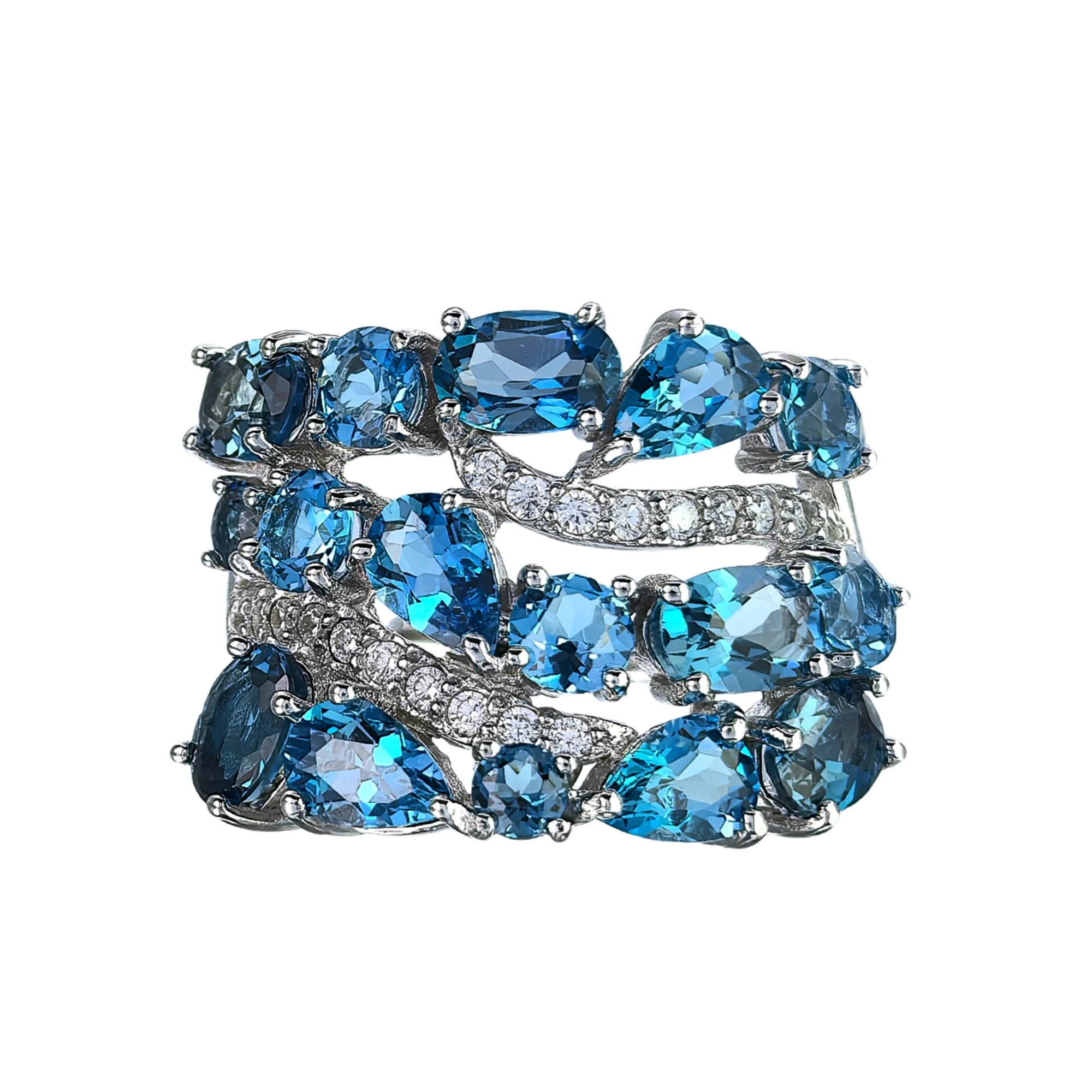 Dazzling Rhodium Plated 925 Silver Jewelry Natural London Blue Topaz Ring for Women Anniversary Gift