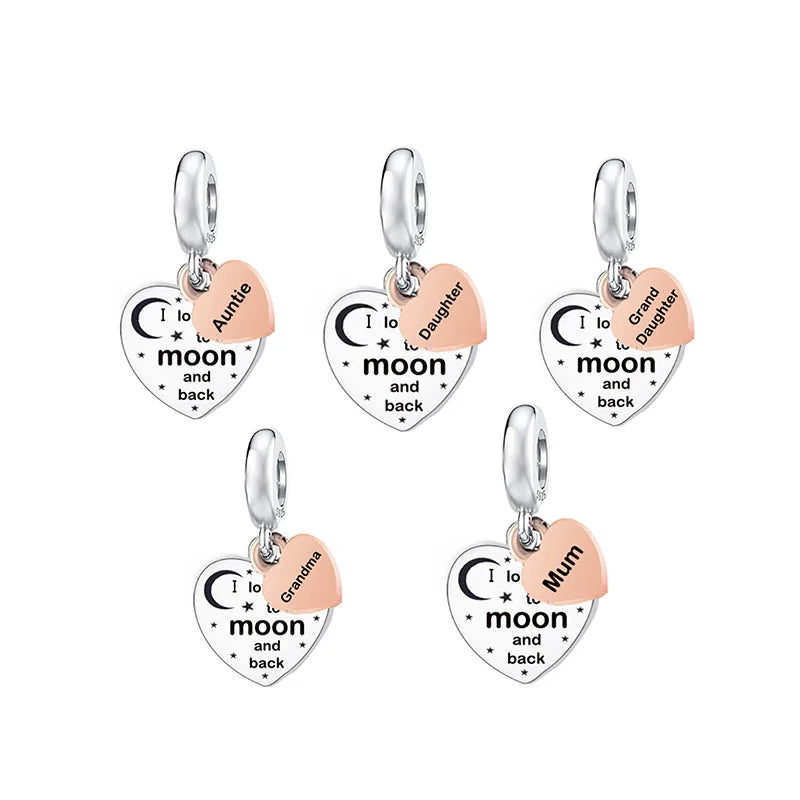 925 Sterling Silver Mum Grandma Daughter I love You to the Moon and Back Heart Beads Charm for Bracelet Necklace Jewelry Making